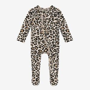 POSH PEANUT LANA LEOPARD TAN FOOTIE RUFFLED ZIPPERED ONE PIECE Newborn size
